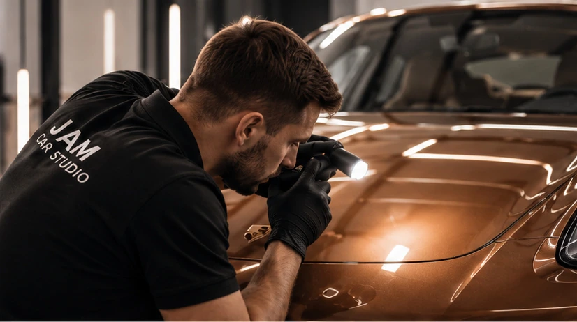 Мастер осматривает лакокрасочное покрытие Porsche с направленным светом