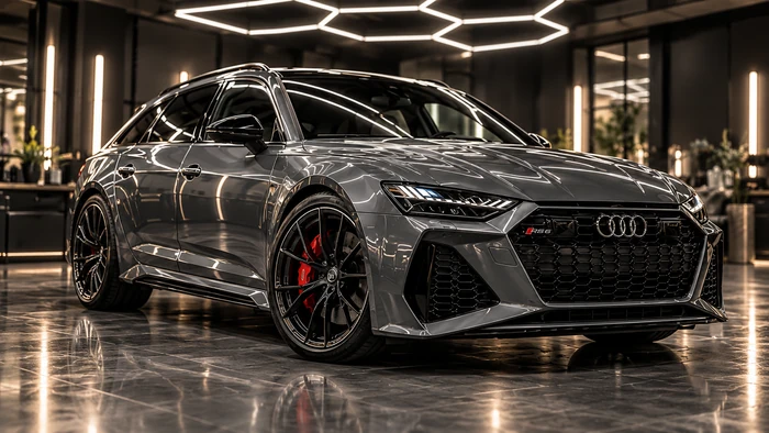 Audi RS6, серый автомобиль в световом павильоне