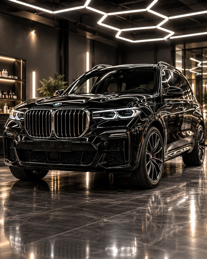 BMW X7, чёрный автомобиль в световом павильоне