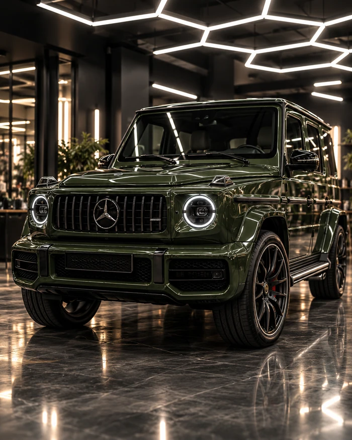 Mercedes-Benz G 63, тёмно-зелёный автомобиль в световом павильоне