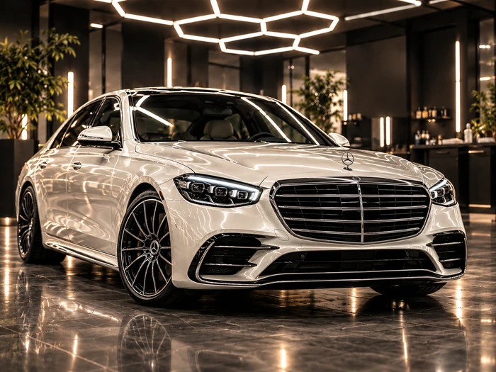 Mercedes-Benz S-Class, белый автомобиль в световом павильоне