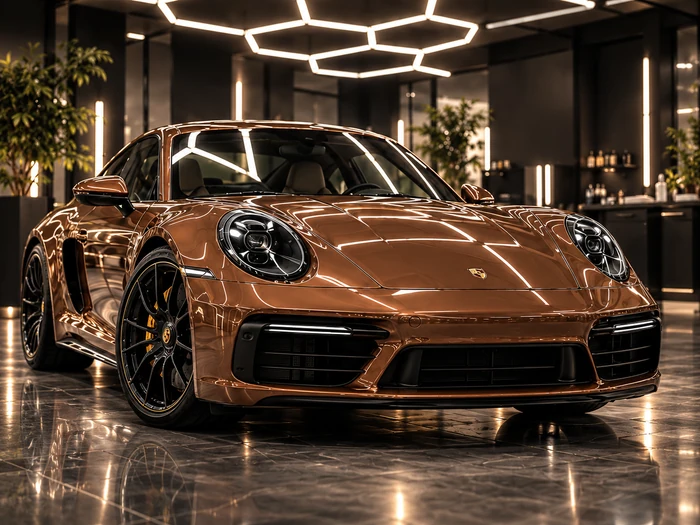 Porsche 911, медно-терракотовый автомобиль в световом павильоне