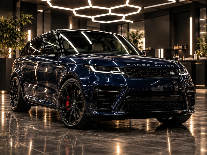 Range Rover, тёмно-синий автомобиль в световом павильоне